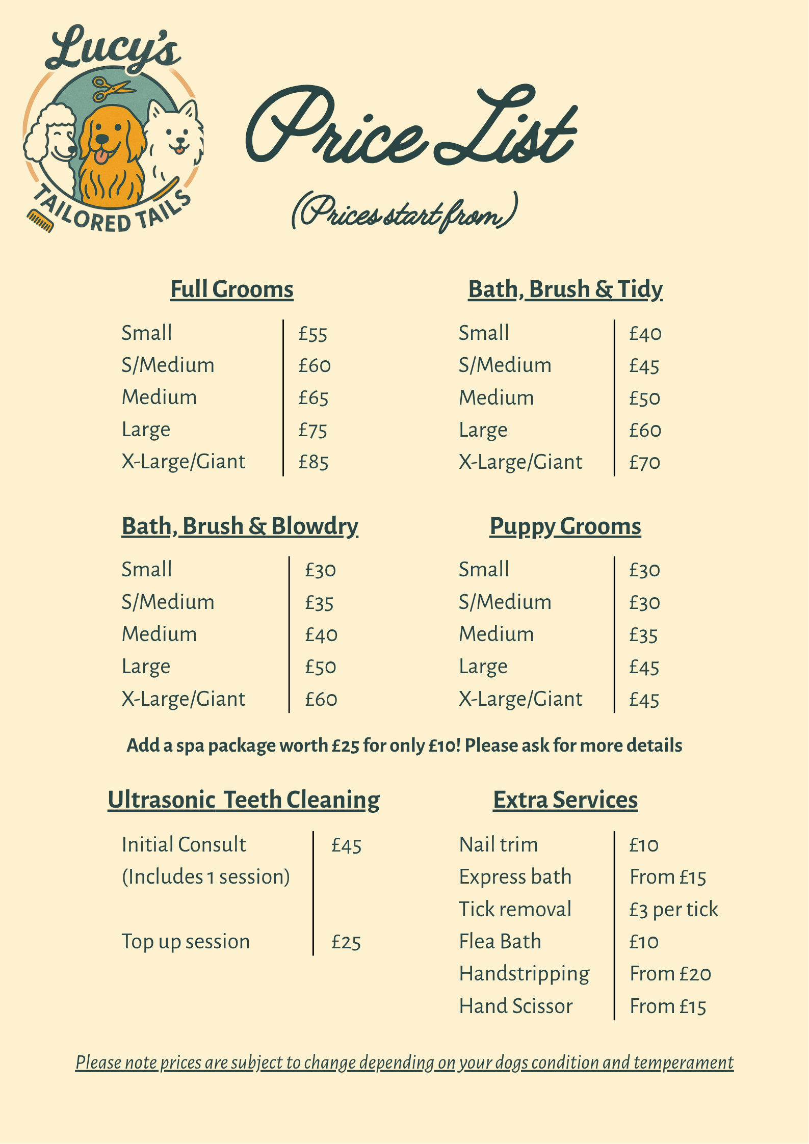 Lucy's Tailored Tails price list